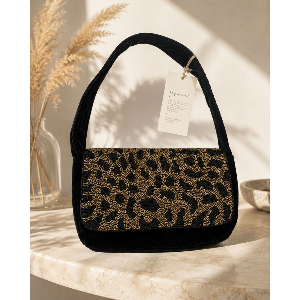 A New Day Leopard Beaded Black Velvet Shoulder Bag NWT Gold Animal Print